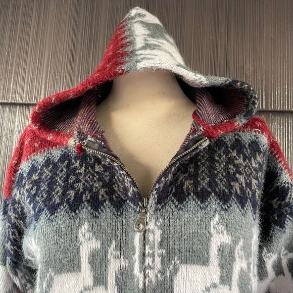 🔥Ruminahui Wool Alpaca Fuzzy Llama Southwest Native Aztec Hood Sweater Cardigan - Picture 3 of 16